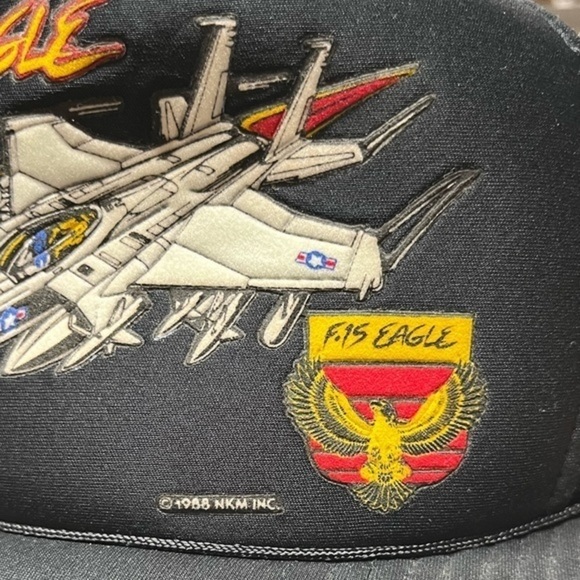 Vintage 80s F-15 Eagle Tactile Fighter Jet Trucker Hat Snap Back Black NKM INC - Picture 4 of 9